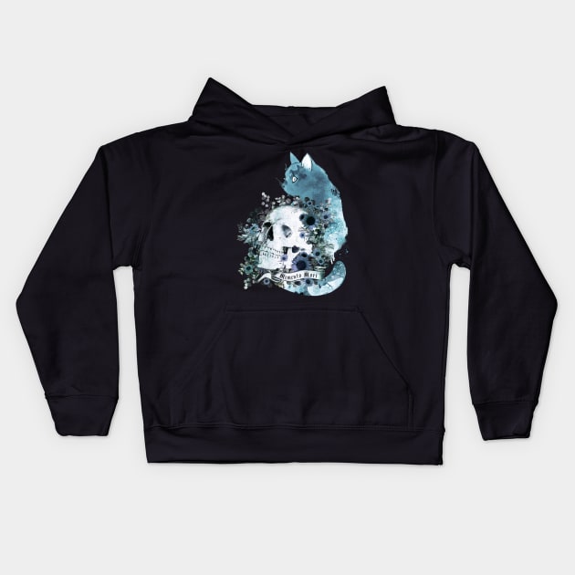 Blue cat and botanic Skull with flowers, memento mori, cat skull, witch, goth, watercolor Kids Hoodie by Collagedream